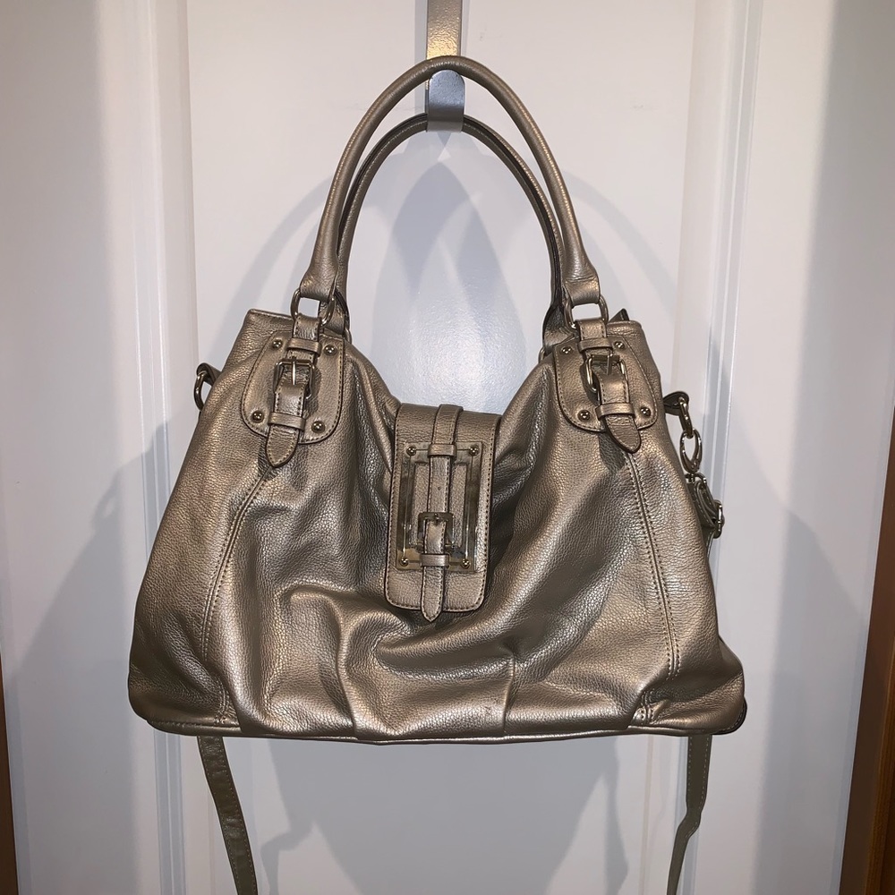 Metallic purse with cross body strap